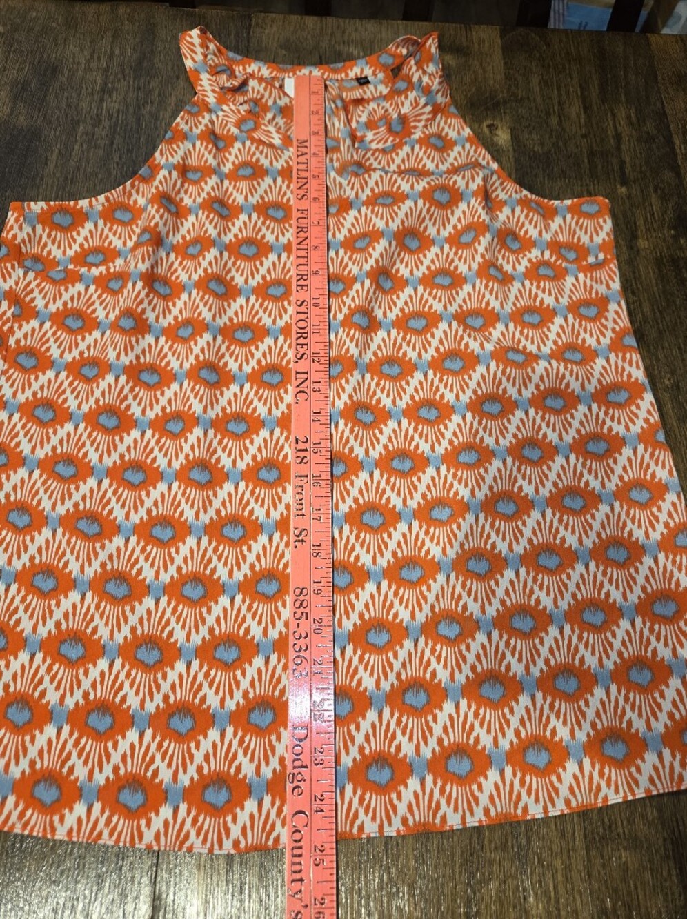 CAbi Orange and Light Blue Printed Ruffle V- Neck Tank - Picture 7 of 8